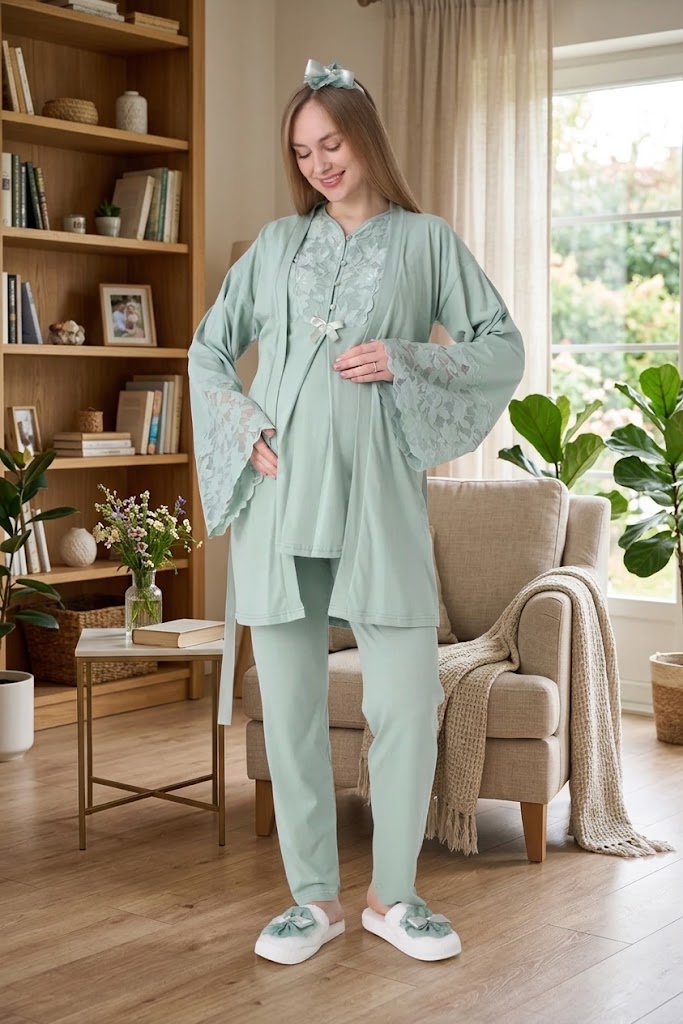 Yeşil Truvakar Kollu Dantel Detaylı Emzirme Özellikli Sabahlıklı Lohusa Pijama Takımı-3468