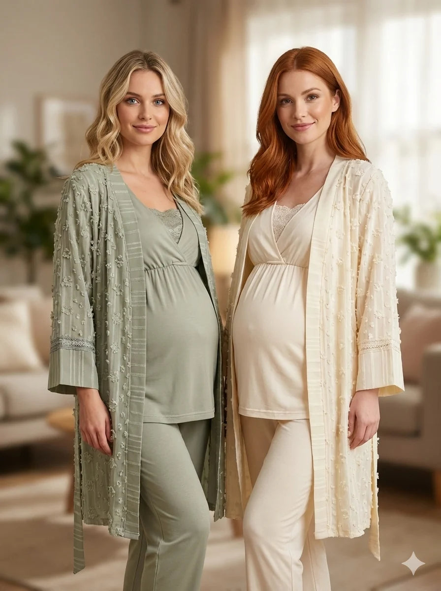 Yeşil Kruvaze Yaka Dokuma Sabahlıklı Lohusa Pijama Takımı-6209