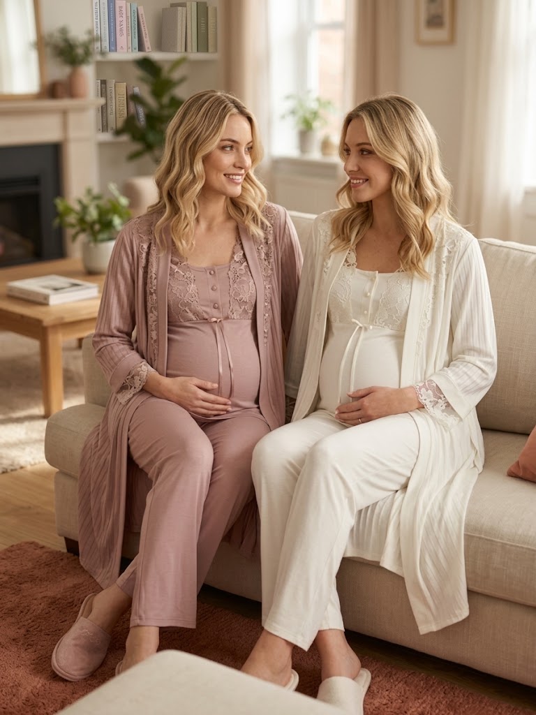 Ekru-Vizon Uzun Kollu Dantel Detaylı Emzirme Özellikli Jakar Sabahlıklı Lohusa Pijama Takımı-6310