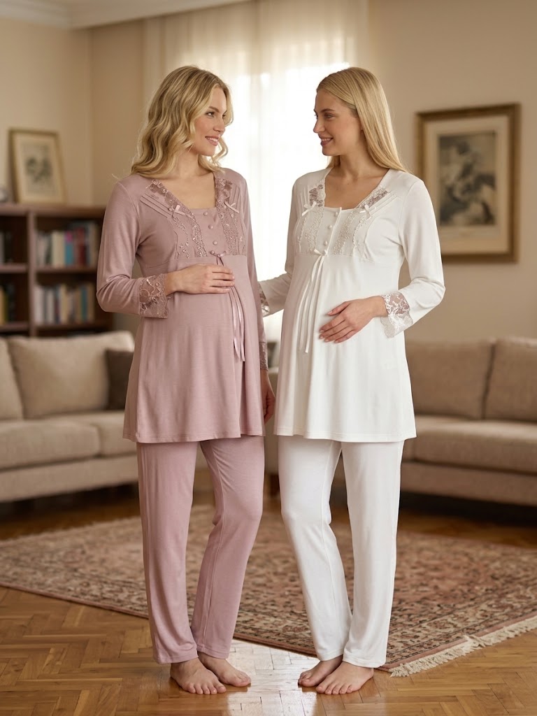 Ekru-Vizon Uzun Kollu Dantel Detaylı Emzirme Özellikli Jakar Sabahlıklı Lohusa Pijama Takımı-6310