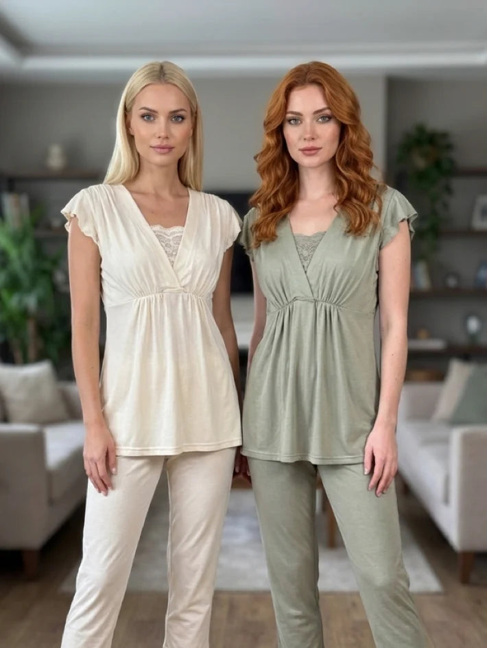 Ekru Kruvaze Yaka Dokuma Sabahlıklı Lohusa Pijama Takımı-6209