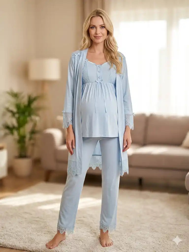 Mavi Uzun Kollu Dantel Detaylı Emzirme Özellikli Sabahlıklı Lohusa Pijama Takımı-6109