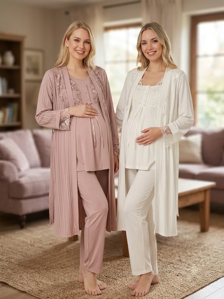 Ekru-Vizon Uzun Kollu Dantel Detaylı Emzirme Özellikli Jakar Sabahlıklı Lohusa Pijama Takımı-6310