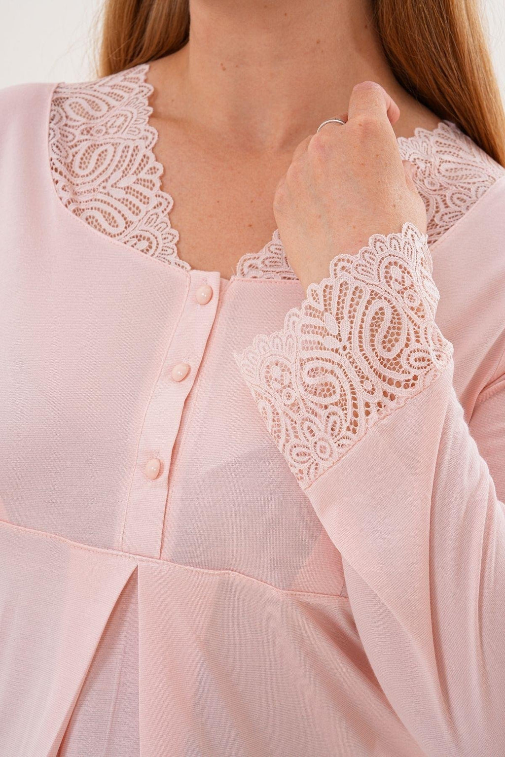 Uzun Kollu Dantel Detaylı Lohusa Pijama Takımı-5808
