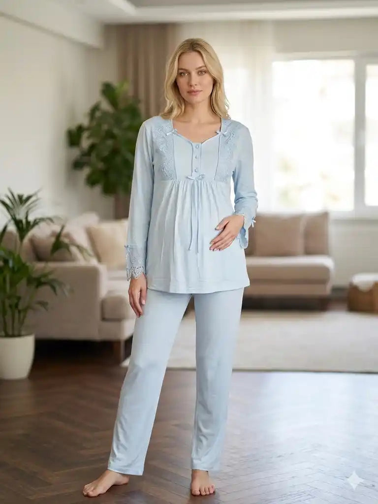Mavi Uzun Kollu Dantel Detaylı Emzirme Özellikli Sabahlıklı Lohusa Pijama Takımı-6109