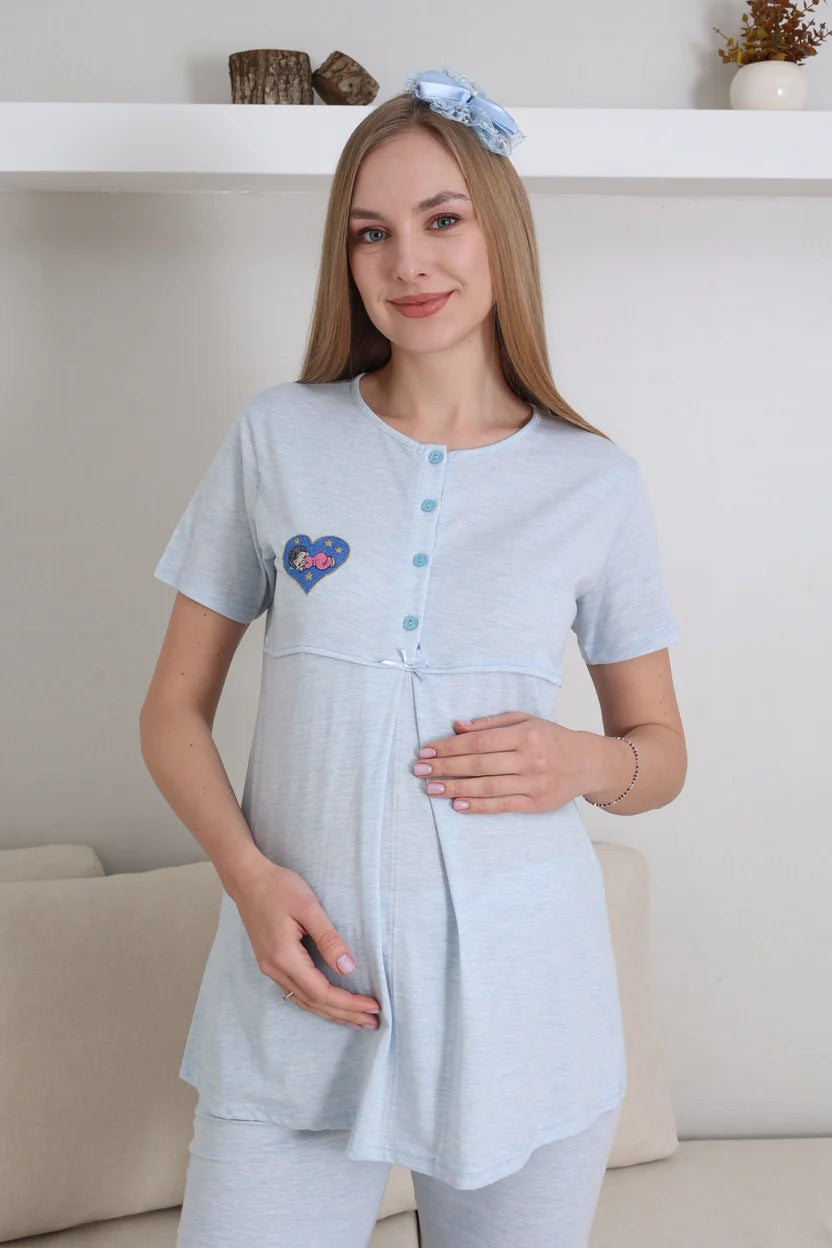 Mavi Kısa Kollu Emzirme Özellikli Nakışlı Sabahlıklı Lohusa Pijama Takımı-3432