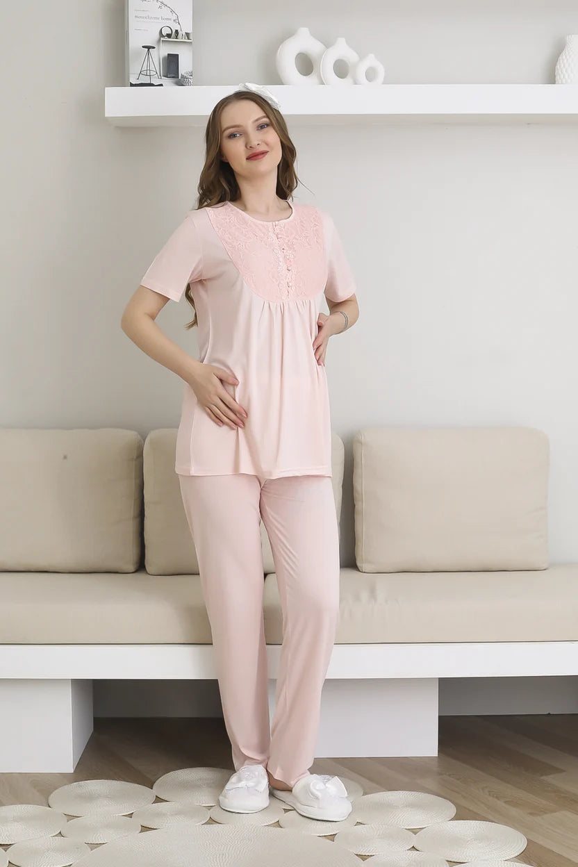 Pembe Kısa Kollu Emzirme Özellikli Desenli Sabahlıklı Lohusa Pijama Takımı-3441