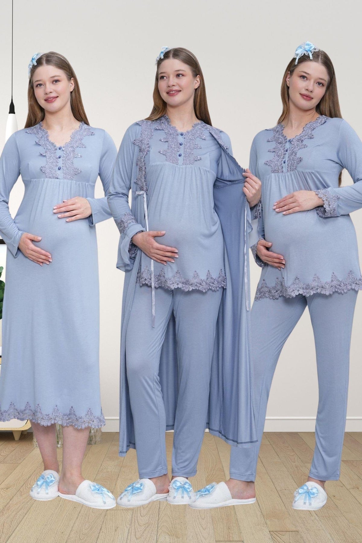 Mavi Uzun Kollu Dantel Detaylı Emzirme Kolaylıklı V Yaka Lohusa Sabahlık Gecelik Pijama Takımı 4'lü Lohusa Seti-1519