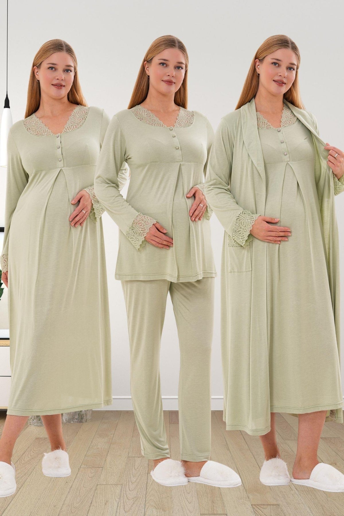 Yeşil Uzun Kollu Dantel Detaylı Emzirme Kolaylıklı Lohusa Sabahlık Gecelik Pijama Takımı 4'lü Lohusa Seti-6332