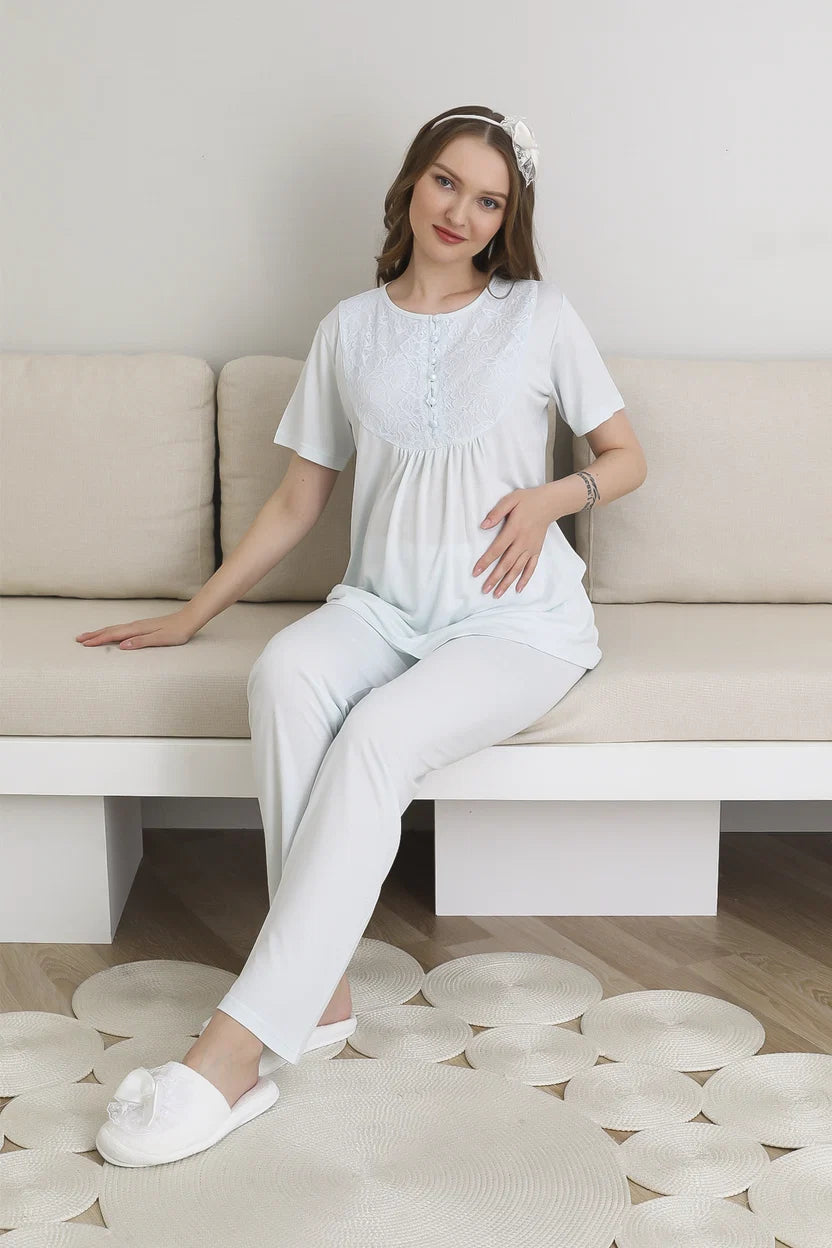 Mavi Kısa Kollu Emzirme Özellikli Desenli Sabahlıklı Lohusa Pijama Takımı-3441
