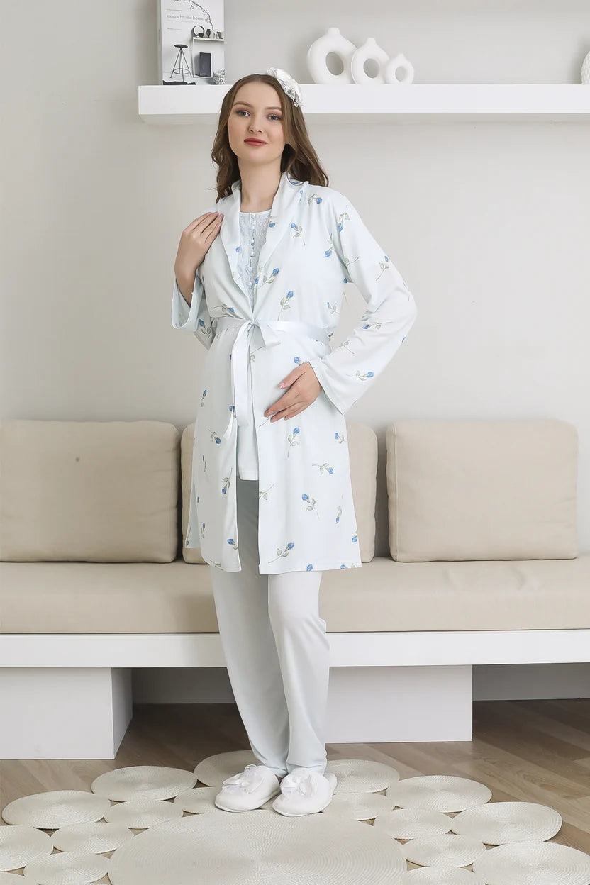 Mavi Kısa Kollu Emzirme Özellikli Desenli Sabahlıklı Lohusa Pijama Takımı-3441