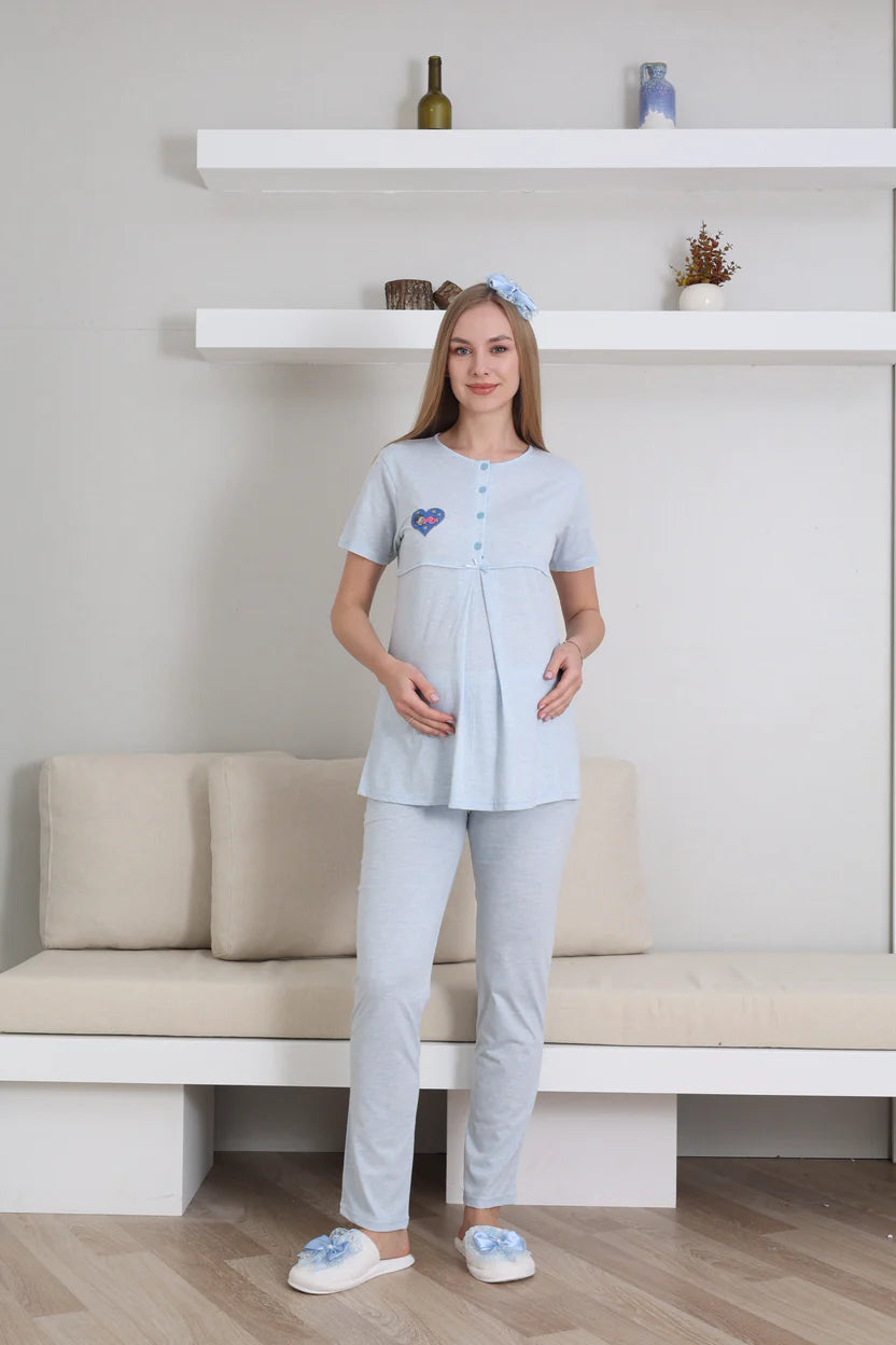 Mavi Kısa Kollu Emzirme Özellikli Nakışlı Sabahlıklı Lohusa Pijama Takımı-3432
