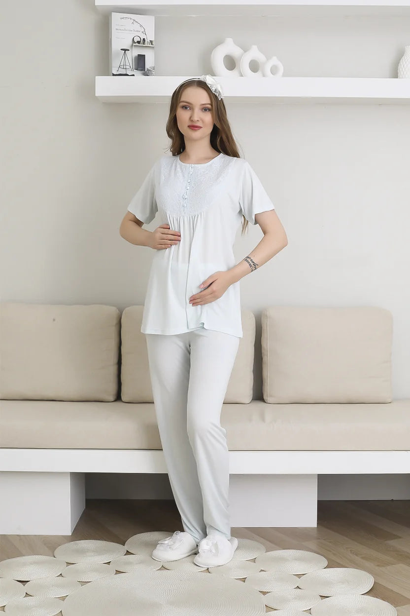 Mavi Kısa Kollu Emzirme Özellikli Desenli Sabahlıklı Lohusa Pijama Takımı-3441