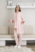 Pembe Kısa Kollu Emzirme Özellikli Desenli Sabahlıklı Lohusa Pijama Takımı-3441