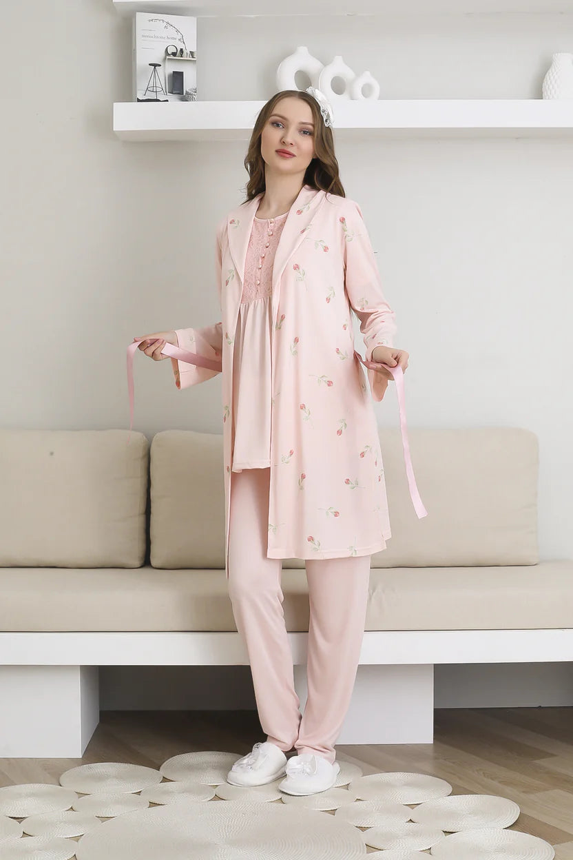 Pembe Kısa Kollu Emzirme Özellikli Desenli Sabahlıklı Lohusa Pijama Takımı-3441