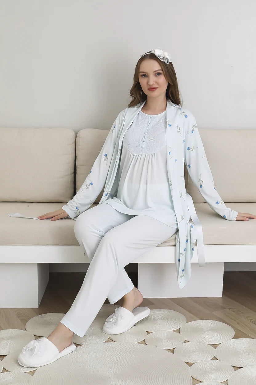 Mavi Kısa Kollu Emzirme Özellikli Desenli Sabahlıklı Lohusa Pijama Takımı-3441